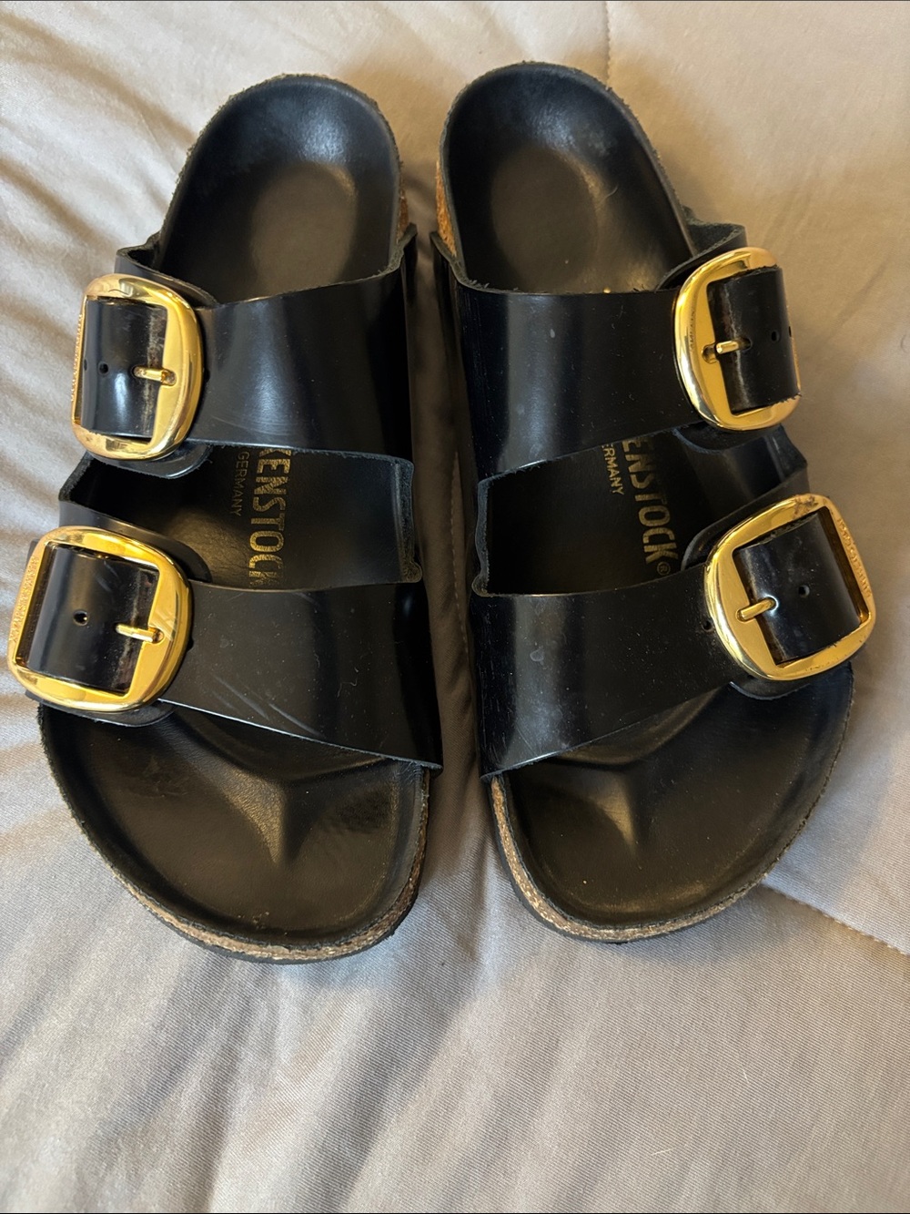 Birkenstock Madrid Black Leather Sandals with Gold Buckles
